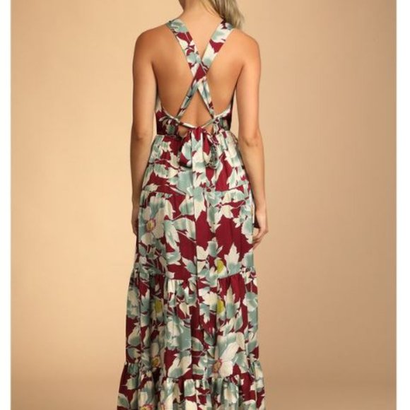 Nwt Lulu's Boho Burgundy Floral Print Tie-Back Tiered Maxi Dress - Picture 3 of 6